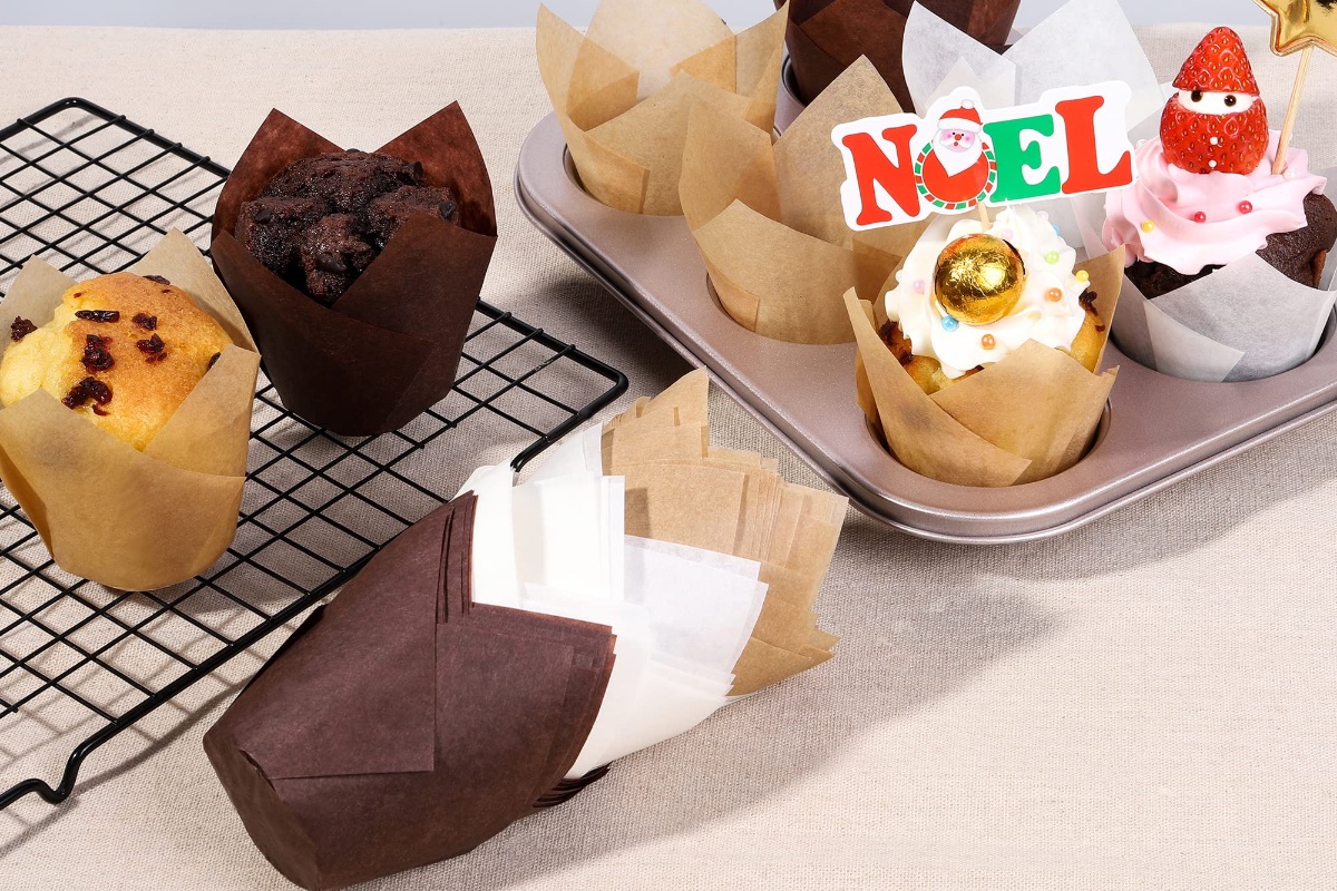 Decorative tulip baking cups with cupcakes.