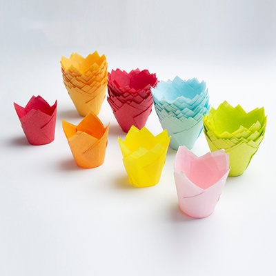 Colorful tulip baking cups arranged on a white background.