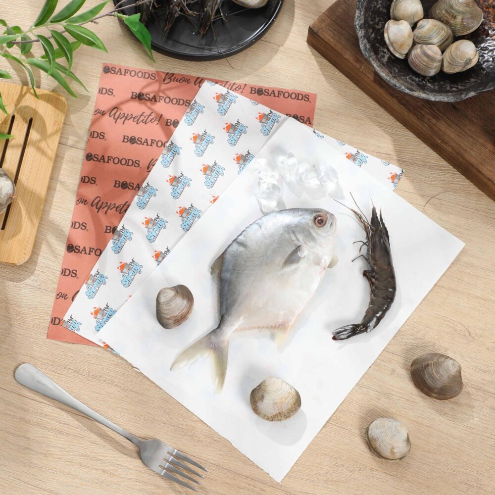 Seafood on custom freezer paper sheets for safe, fresh food storage.