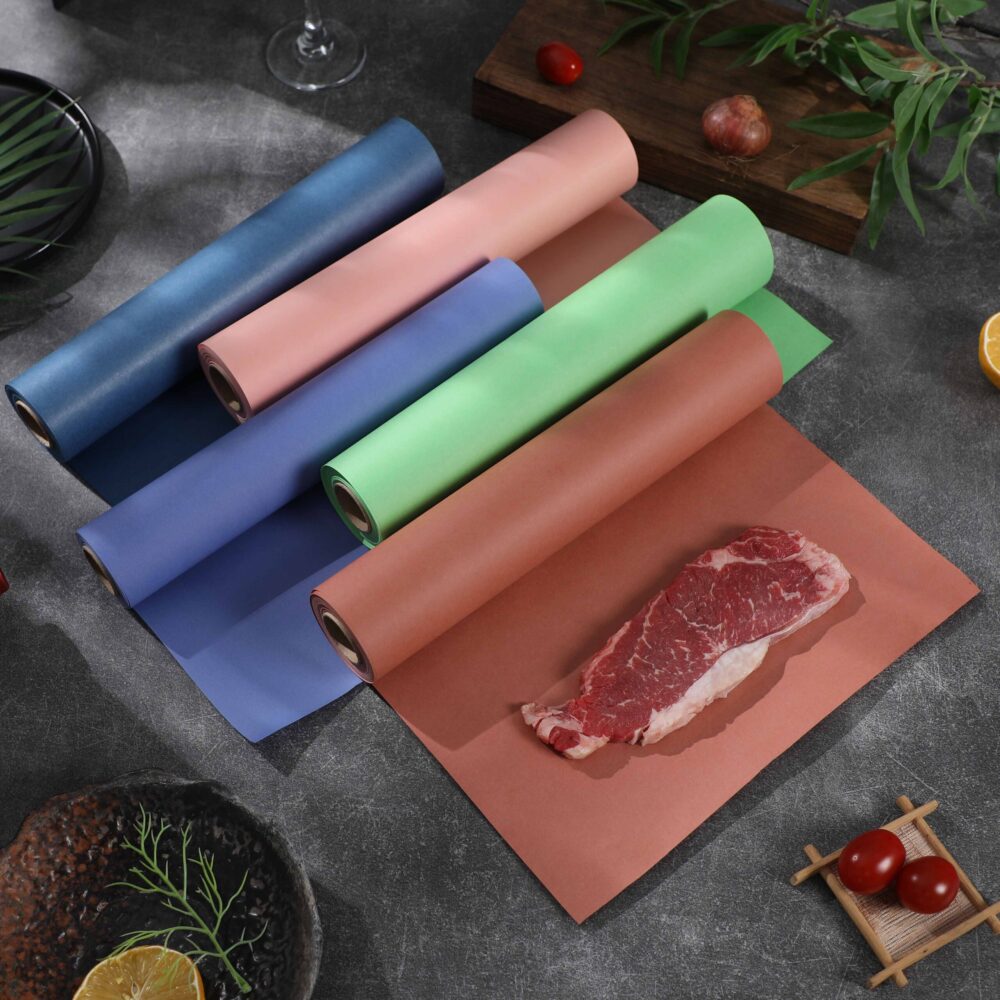 Show five rolls of colored steak paper. Place the steaks on the steak papers.