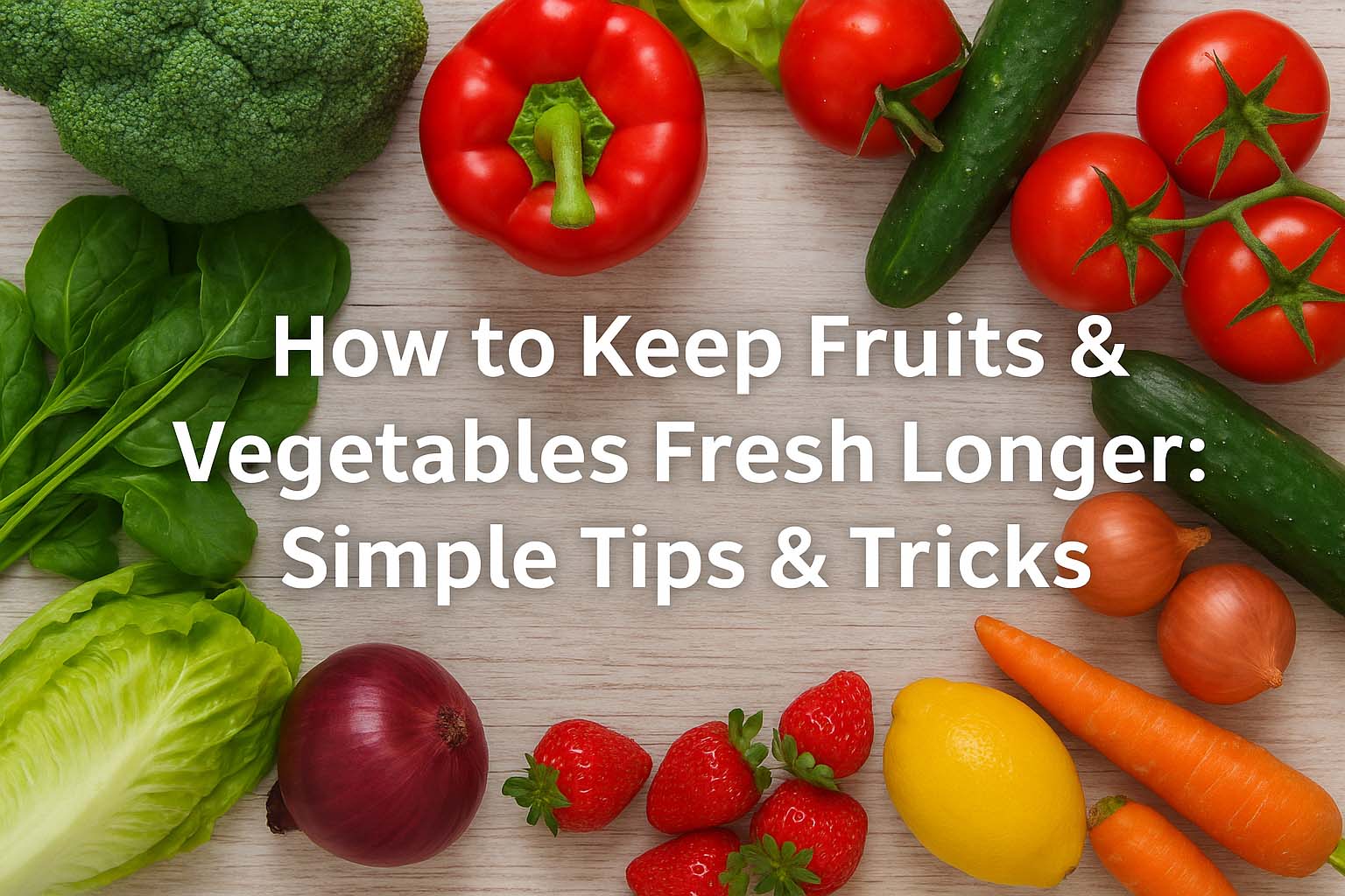 Fresh fruits and vegetables on a wooden surface with tips to keep them fresh longer.