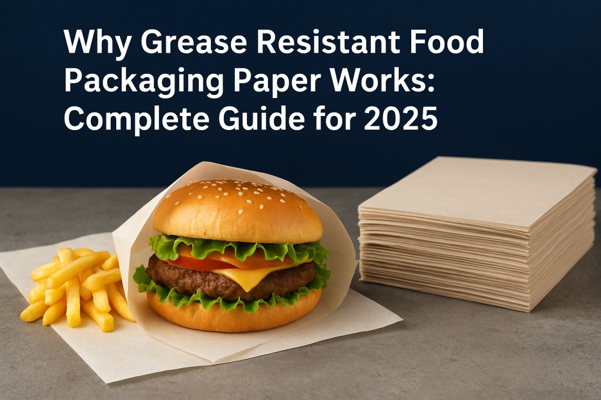 grease resistant food packaging paper wrapping a burger with fries on table
