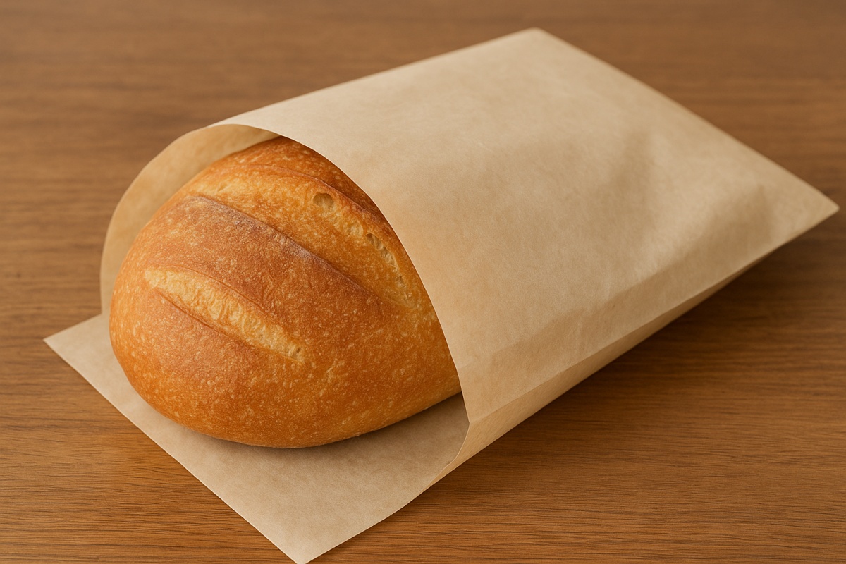 Fresh bread wrapped in parchment paper on a wooden surface.
