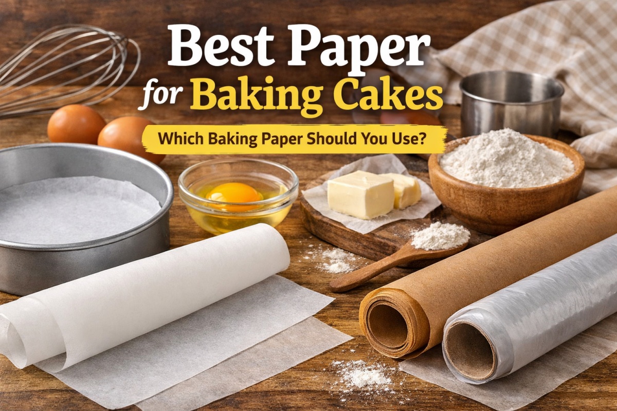Best paper for baking cakes shown with parchment paper, cake pan, and baking ingredients on a kitchen table