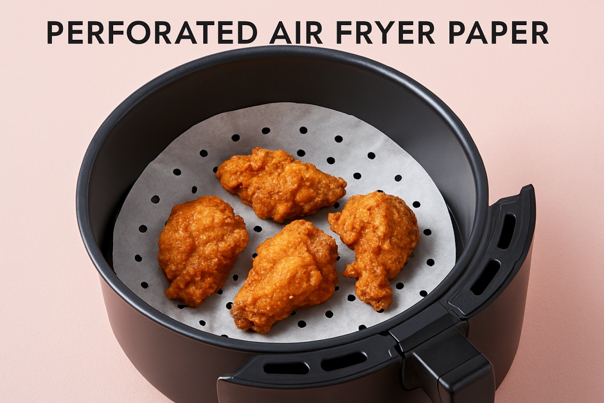 perforated air fryer paper with fried chicken in an air fryer basket